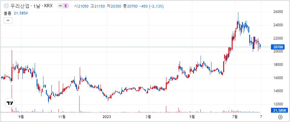 우리산업 1년 캔들 차트