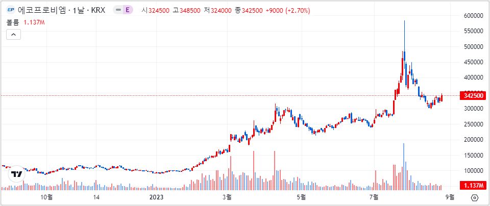 에코프로비엠 1년 캔들 차트