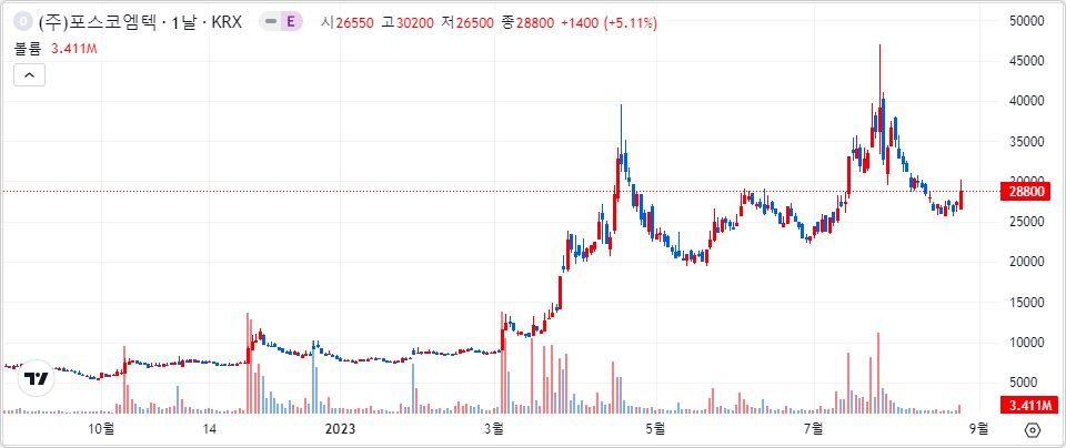 포스코엠텍 1년 캔들 차트