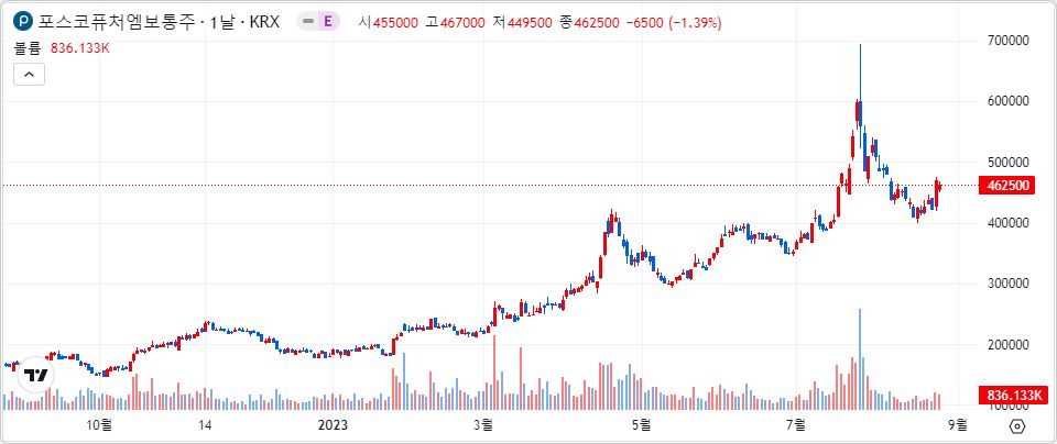 포스코퓨처엠 1년 캔들 차트