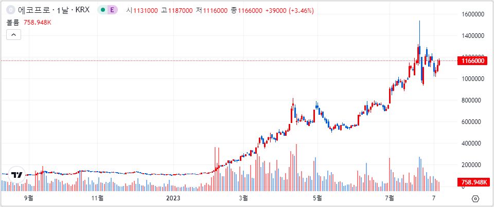 에코프로 1년 캔들 차트