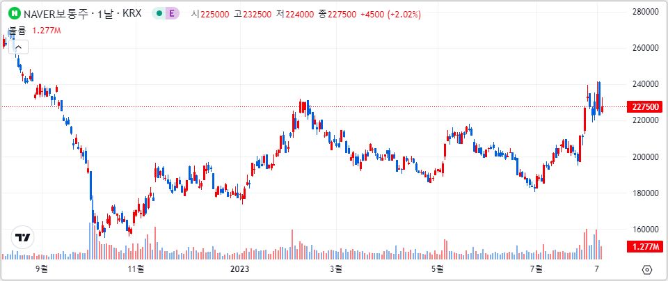 NAVER 1년 캔들 차트
