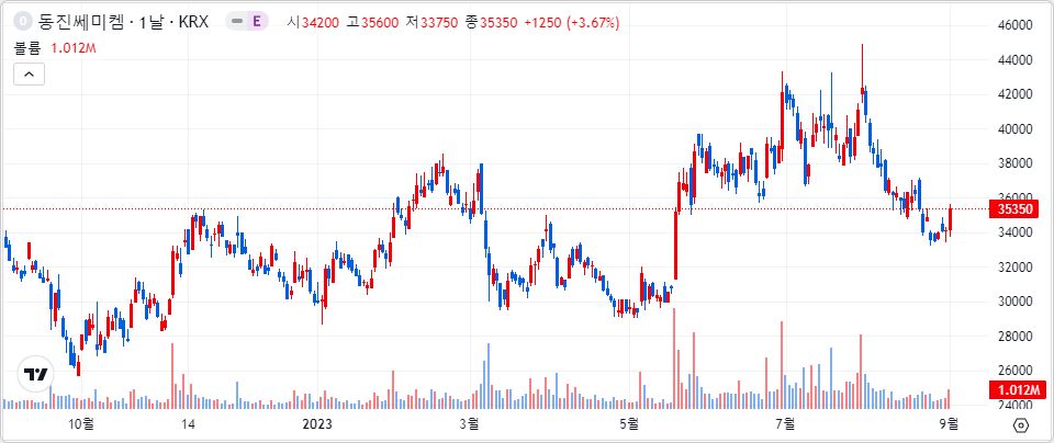 동진쎄미켐 1년 캔들 차트